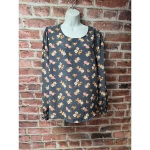 Women's LES AMIS Charcoal Gray Floral Smocked Cuff Puff Sleeve Blouse Size Large
